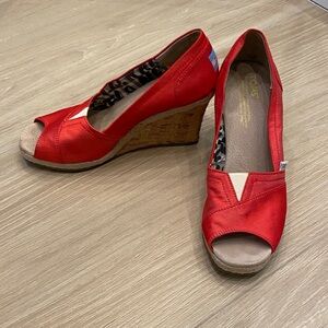 TOMS Red Peep-Toe Wedges